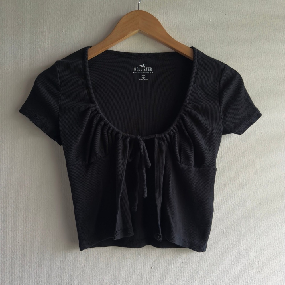 Hollister Tie Front Crop Top Women Small Black Coquette Balletcore